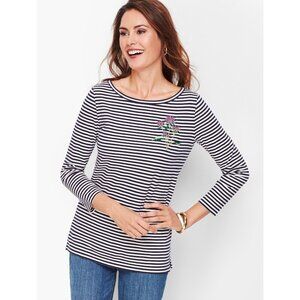 TALBOTS EMBROIDERED THISTLE STRIPE TEE Cotton Blue White Size XL/P